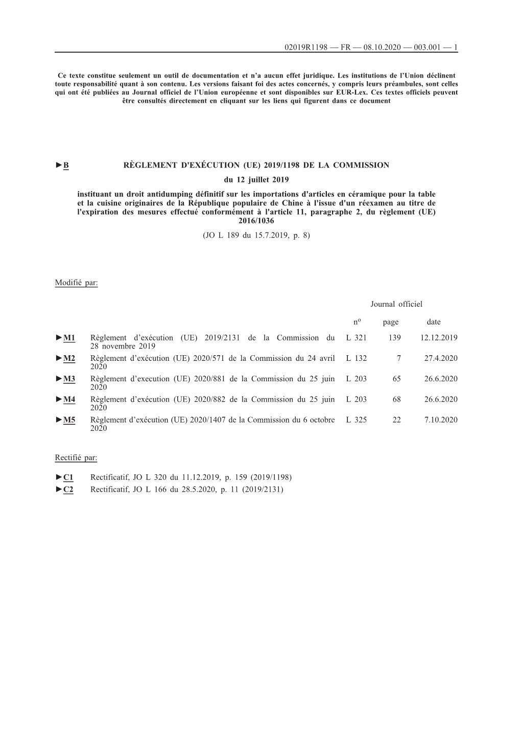 B Règlement D'exécution (Ue) 2019/1198 De La