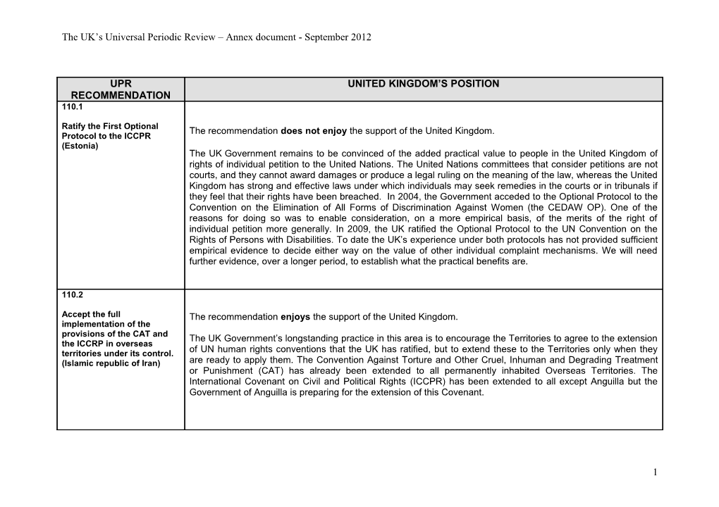The UK S Universal Periodic Review Annex Document - September 2012