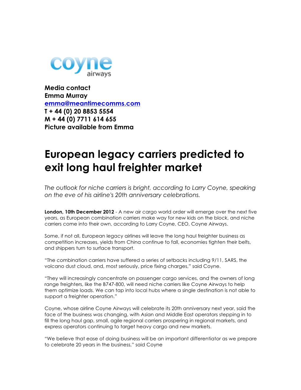 European Legacy Carriers Predicted to Exit Long Haul Freighter Market