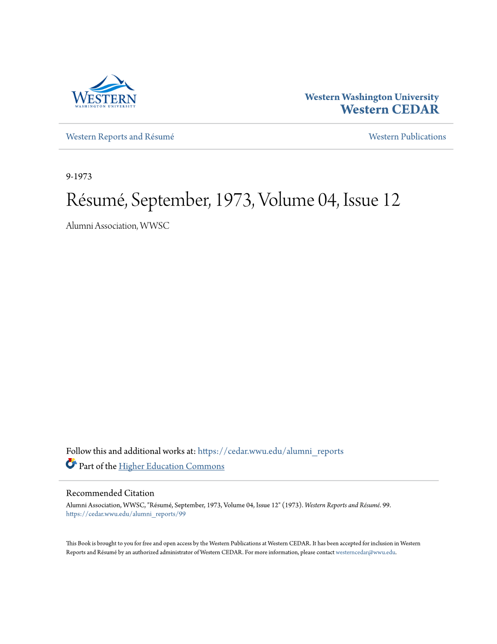 Résumé, September, 1973, Volume 04, Issue 12 Alumni Association, WWSC