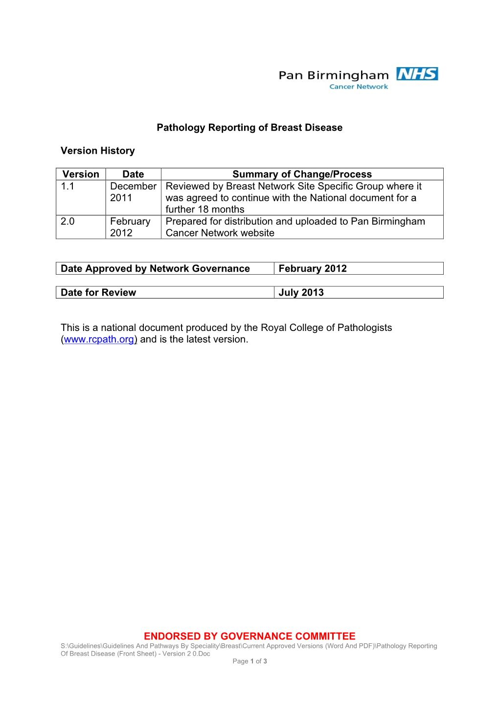 Pathology Reporting of Breast Disease
