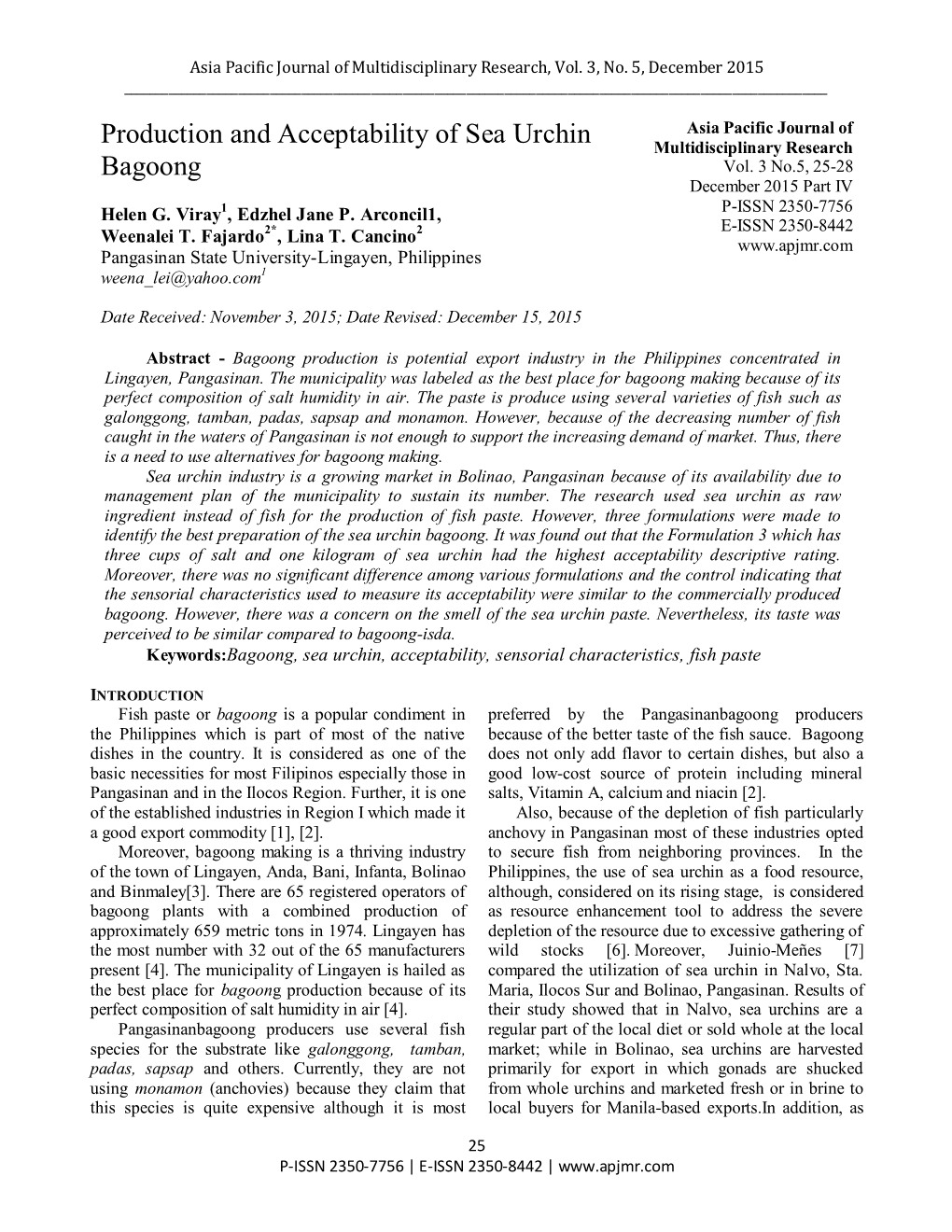 Production and Acceptability of Sea Urchin Bagoong ______Cited by Juinio-Meñes, Et.Al