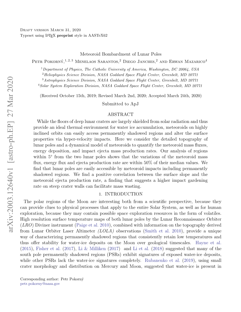 Arxiv:2003.12640V1 [Astro-Ph.EP] 27 Mar 2020 from Lunar Orbiter Laser Altimeter (LOLA) Observations (Smith Et Al