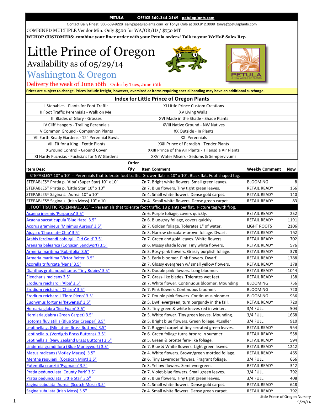 Little Prince of Oregon Availability As of 05/29/14 Washington & Oregon Delivery the Week of June 16Th Order by Tues, June 10Th Prices Are Subject to Change
