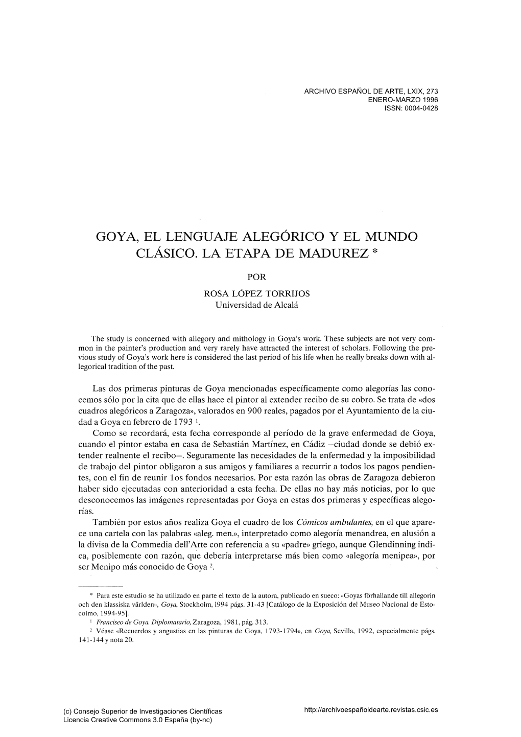Goya, El Lenguaje Alegórico Y El Mundo Clásico. La Etapa De Madurez ^