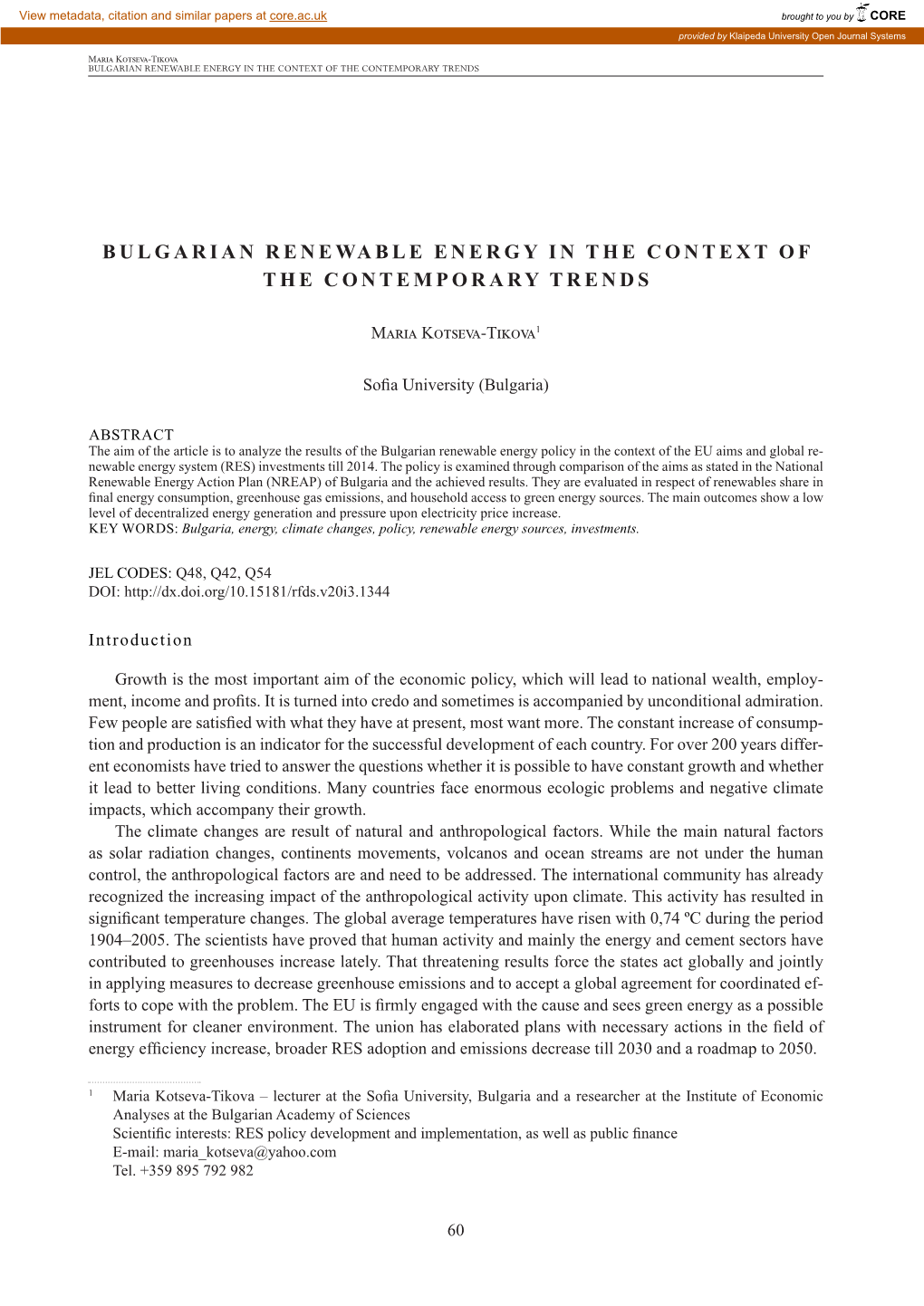 Bulgarian Renewable Energy in the Context of the Contemporary Trends