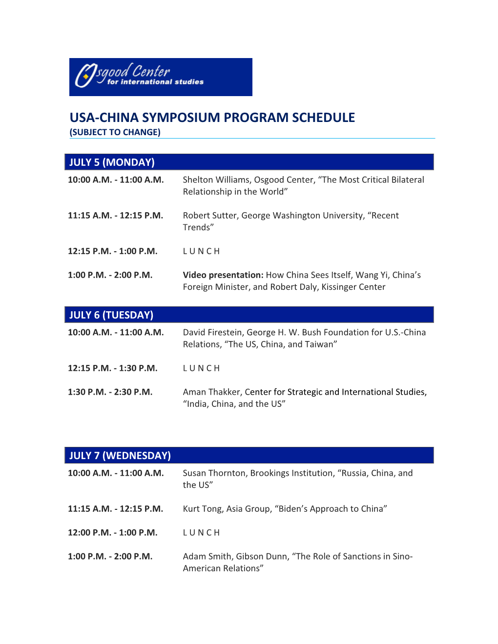 Usa-China Symposium Program Schedule (Subject to Change)
