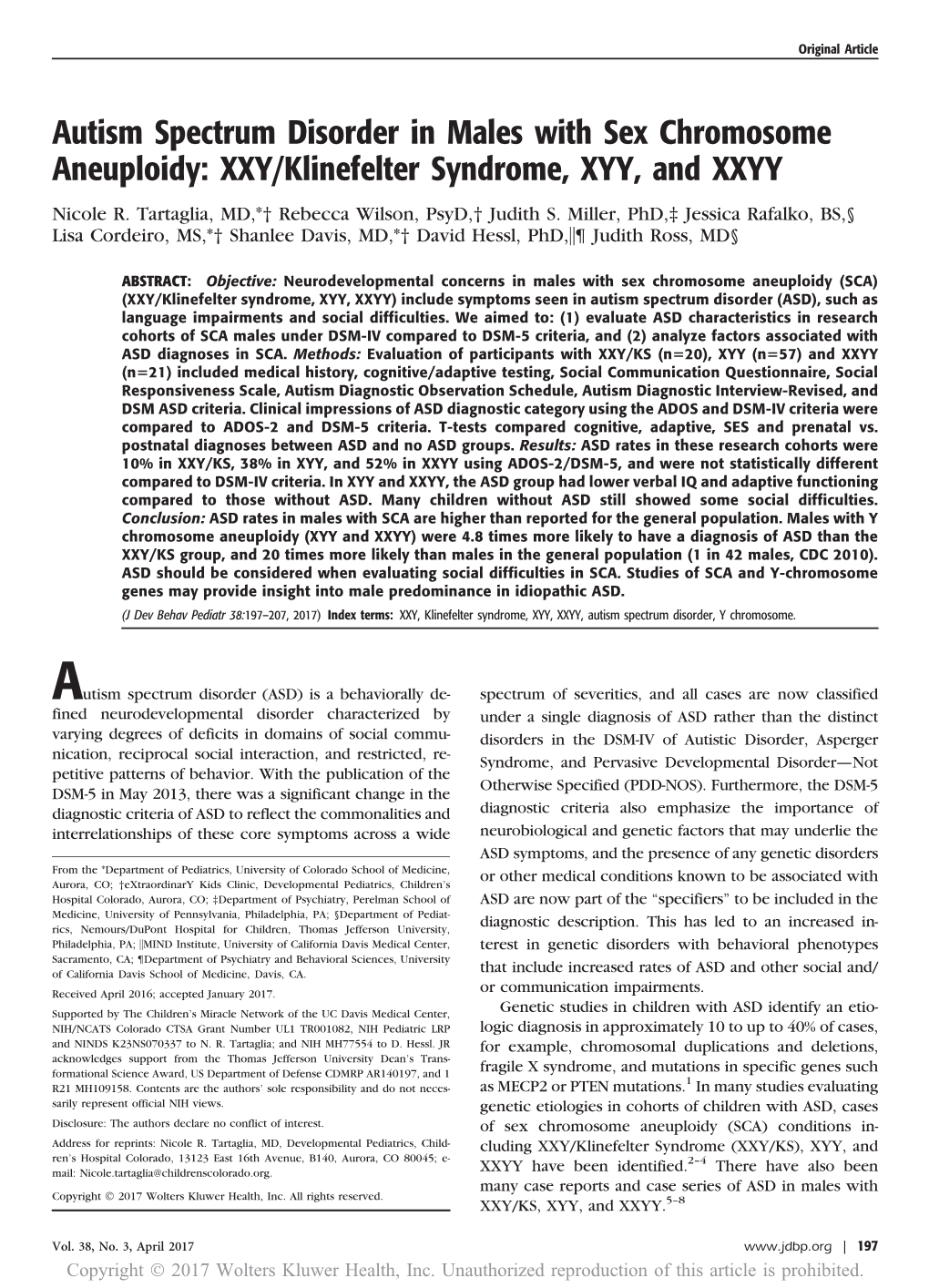 Autism Spectrum Disorder in Males with Sex Chromosome Aneuploidy: XXY/Klinefelter Syndrome, XYY, and XXYY Nicole R