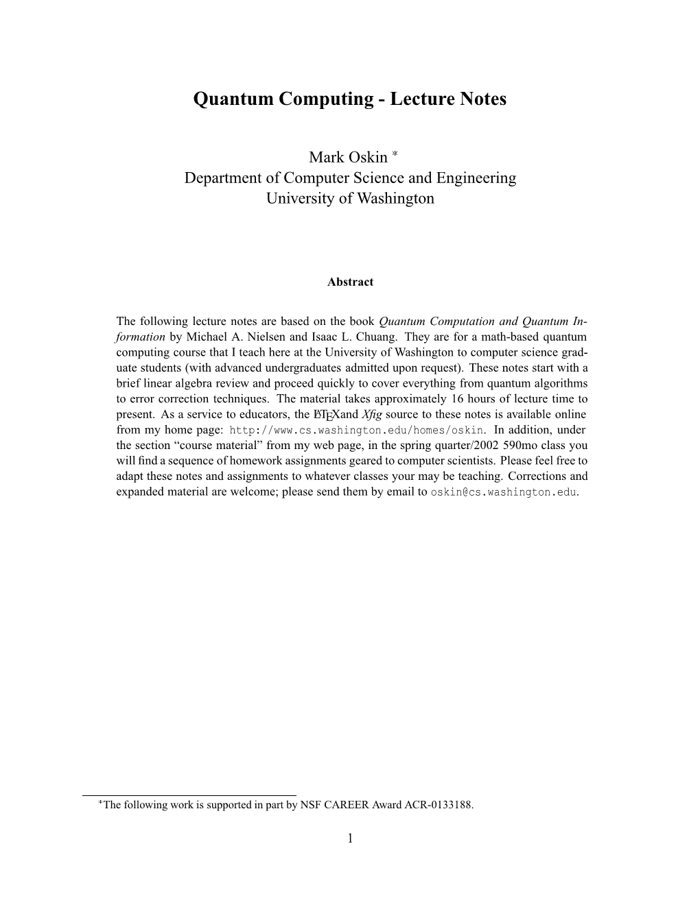 Quantum Computing - Lecture Notes