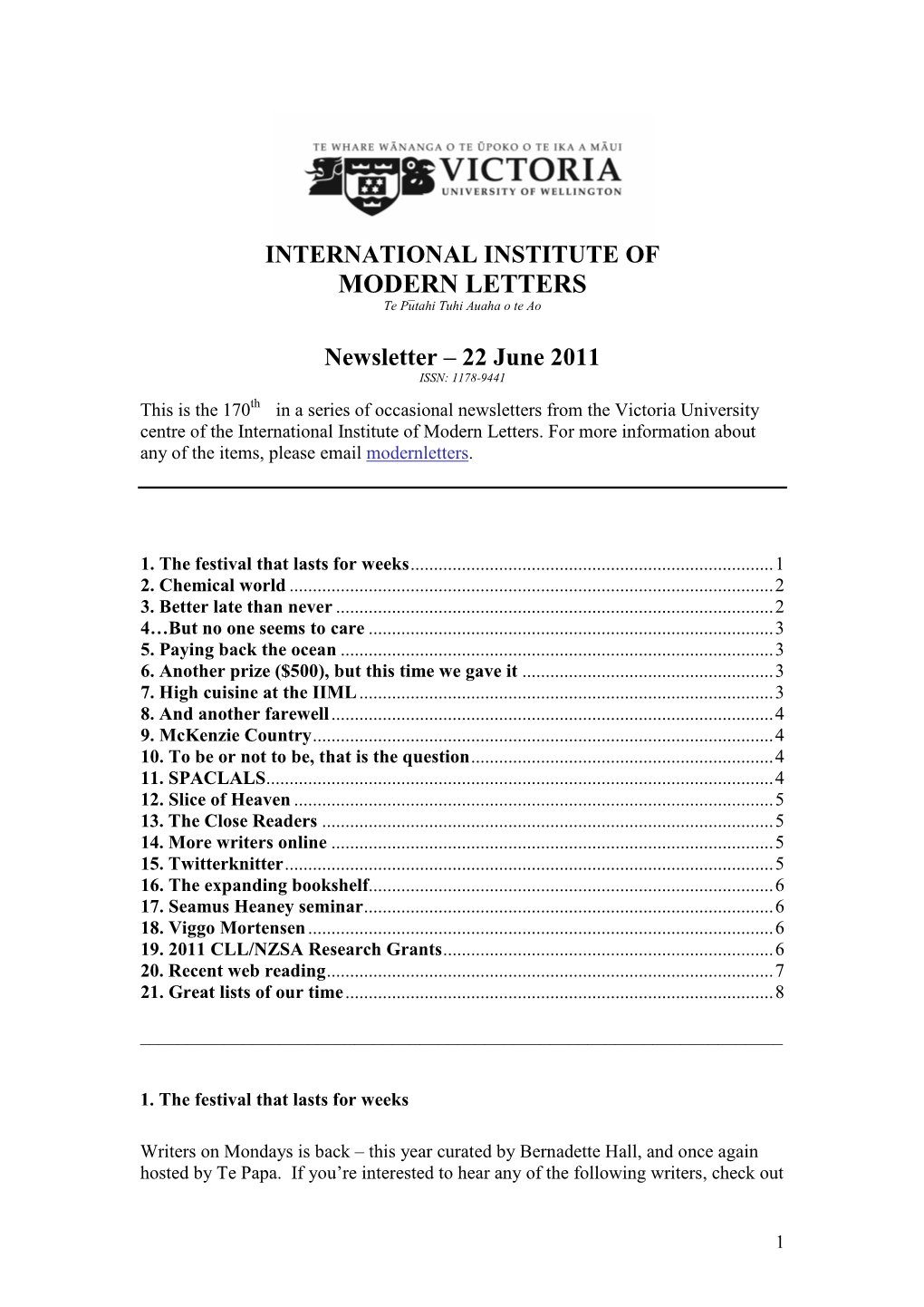 Newsletter – 22 June 2011 ISSN: 1178-9441