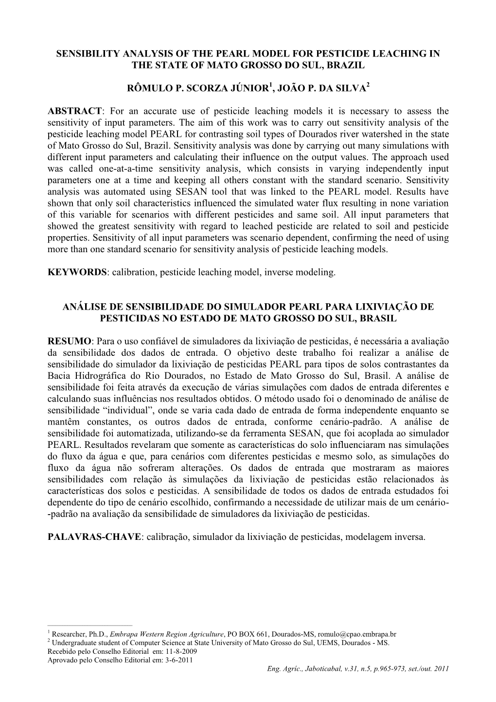 Sensibility Analysis of the Pearl Model for Pesticide Leaching in Mato Grosso Do Sul State, Brazil