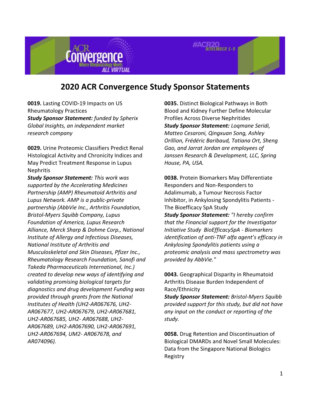 2020 ACR Convergence Study Sponsor Statements