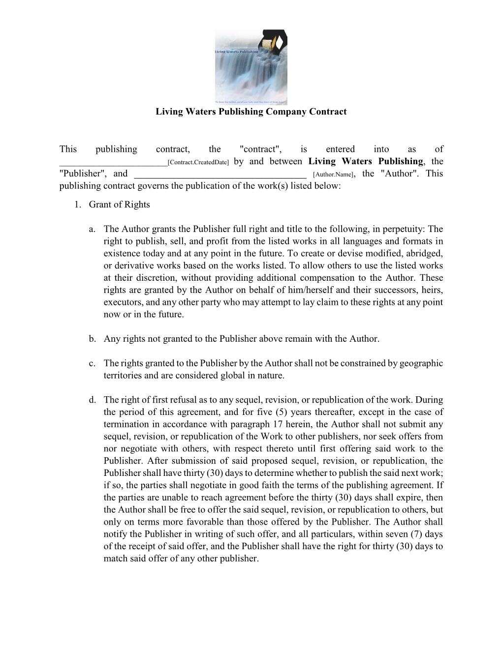 Living Waters Publishing Company Contract