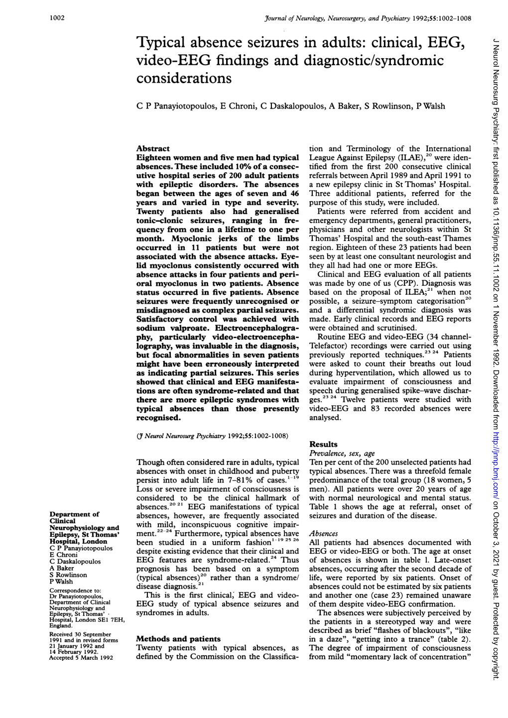 Typical Absence Seizures in Adults: Clinical, EEG, J Neurol Neurosurg Psychiatry: First Published As 10.1136/Jnnp.55.11.1002 on 1 November 1992