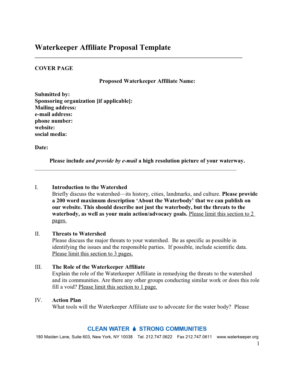 Waterkeeper Affiliate Proposal Template