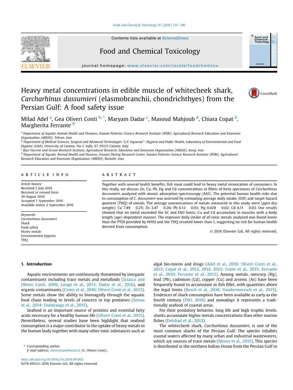 Heavy Metal Concentrations in Edible Muscle of Whitecheek Shark, Carcharhinus Dussumieri (Elasmobranchii, Chondrichthyes) from the Persian Gulf: a Food Safety Issue