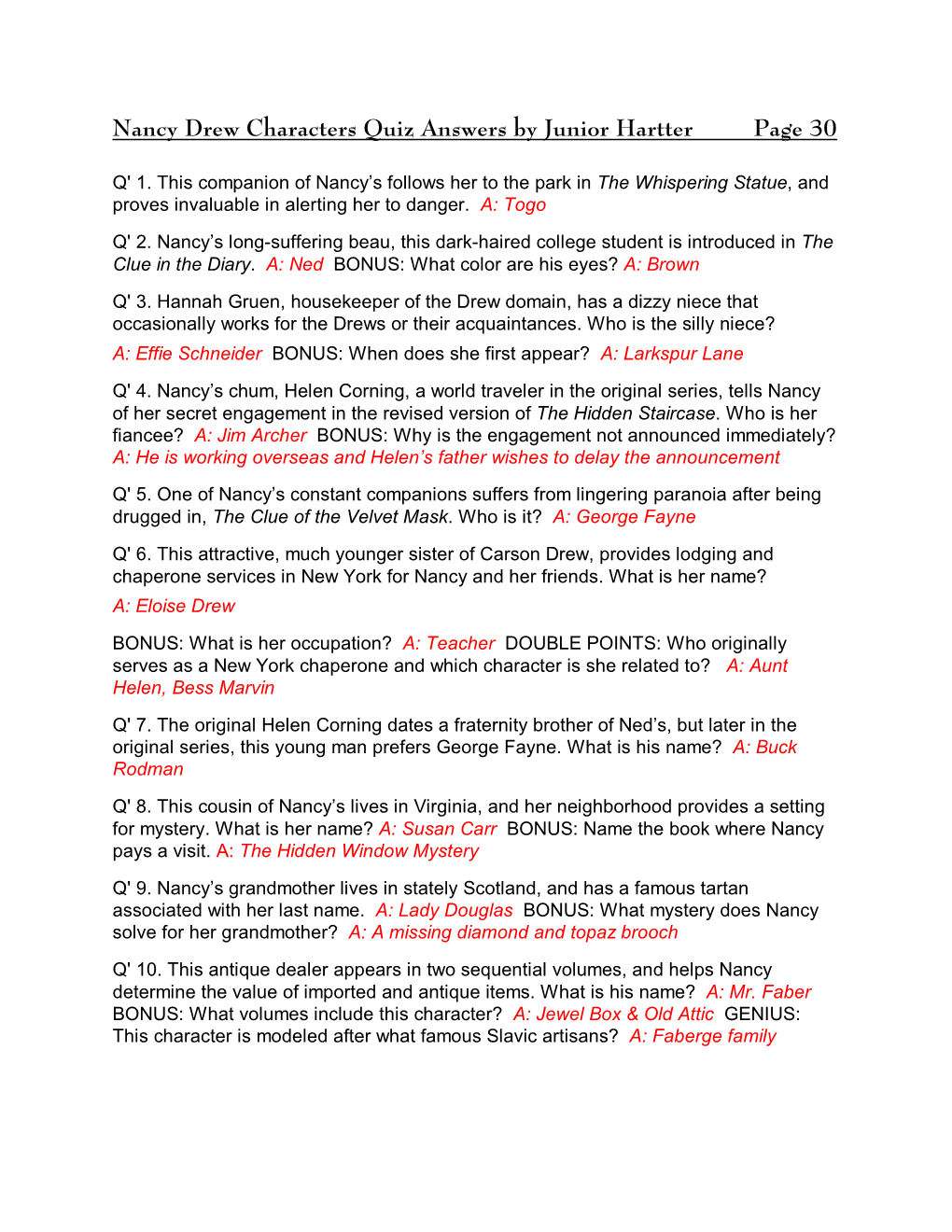 Nancy Drew Characters Quiz Answers by Junior Hartter Page 30