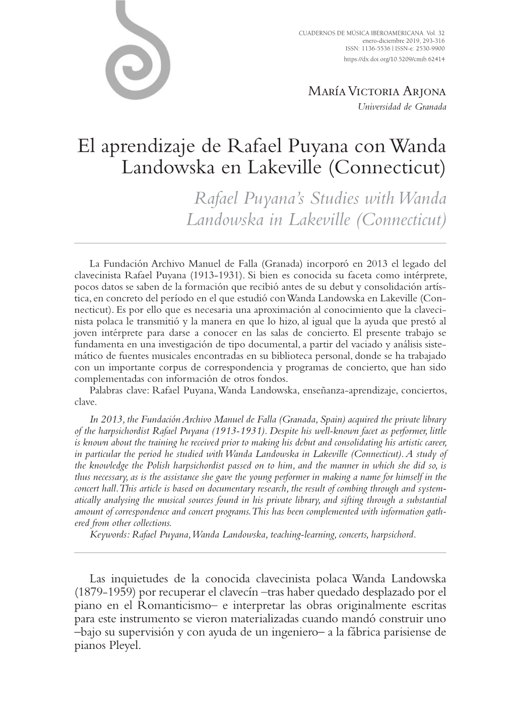 El Aprendizaje De Rafael Puyana Con Wanda Landowska En Lakeville (Connecticut) Rafael Puyana’S Studies with Wanda Landowska in Lakeville (Connecticut)