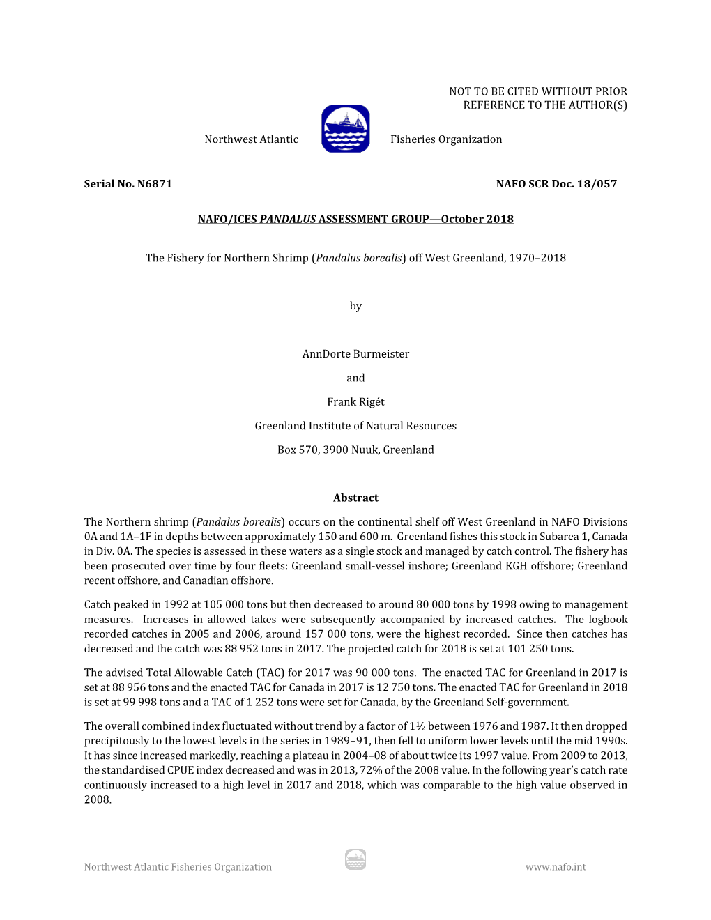 The Fishery for Northern Shrimp (Pandalus Borealis) Off West Greenland, 1970–2018