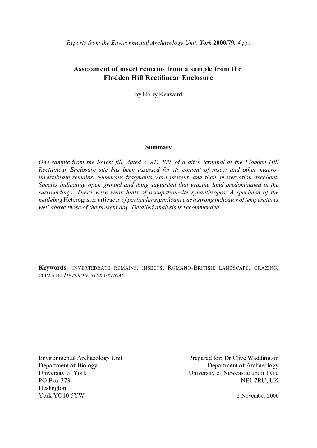 Assessment of Insect Remains from a Sample from the Flodden Hill Rectilinear Enclosure