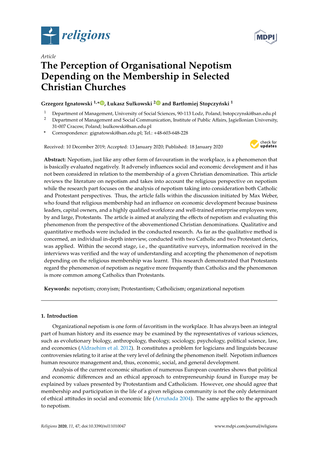 The Perception of Organisational Nepotism Depending on the Membership in Selected Christian Churches