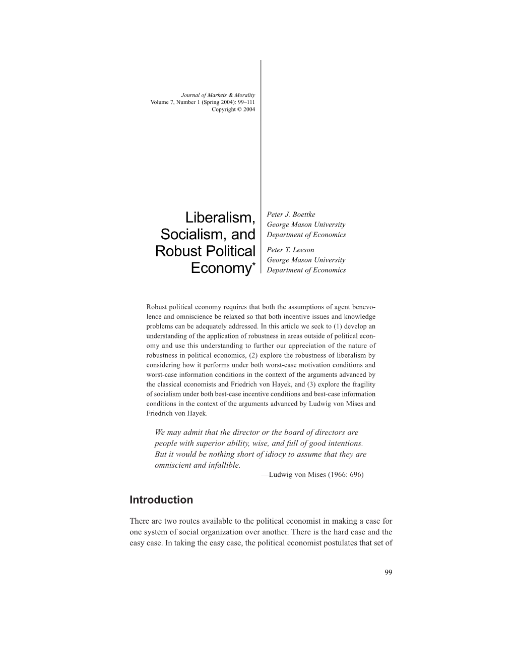 Liberalism, Socialism, and Robust Political Economy*