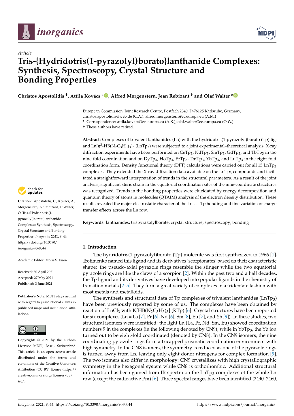 Lanthanide Complexes: Synthesis, Spectroscopy, Crystal Structure and Bonding Properties