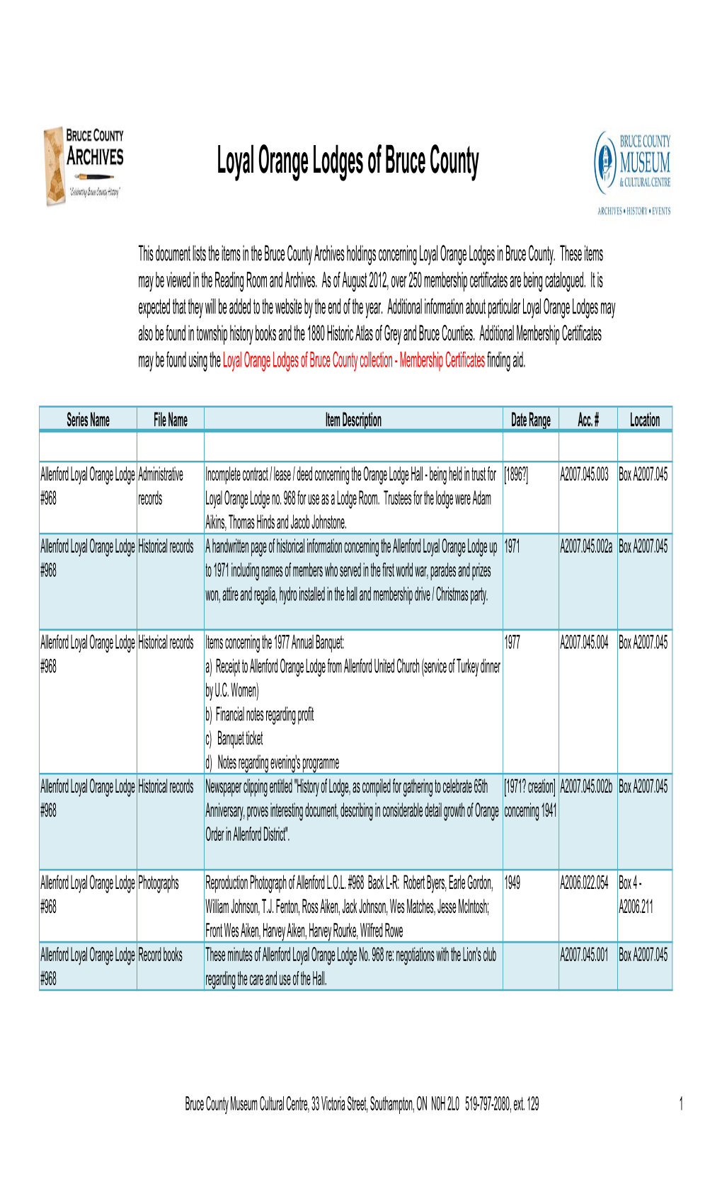 Orange Lodges of Bruce County Collection - Membership Certificates Finding Aid