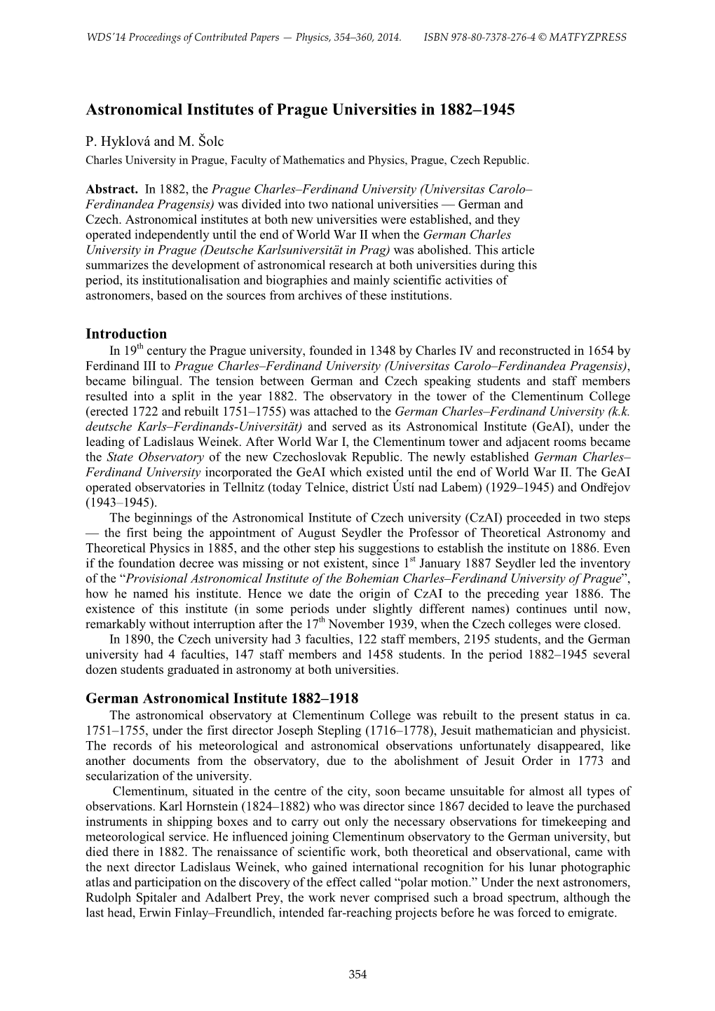 Astronomical Institutes of Prague Universities in 1882–1945