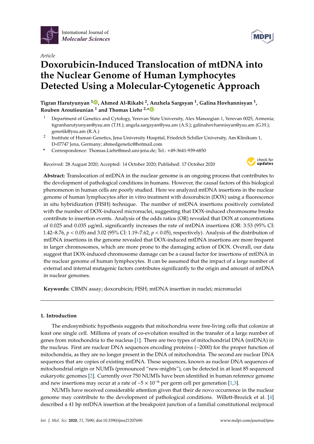 Doxorubicin-Induced Translocation of Mtdna Into the Nuclear Genome of Human Lymphocytes Detected Using a Molecular-Cytogenetic Approach