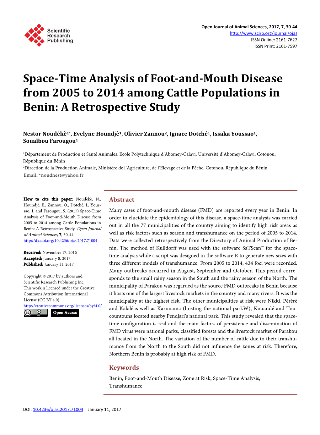 Space-Time Analysis of Foot-And-Mouth Disease from 2005 to 2014 Among Cattle Populations in Benin: a Retrospective Study