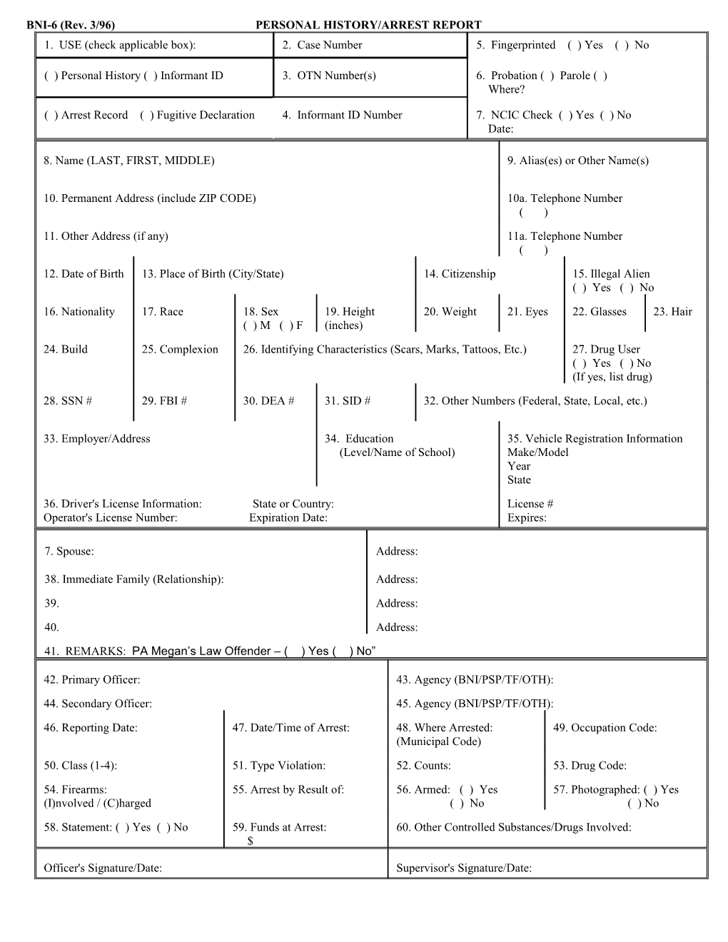 BNI-6 (Rev. 3/96) PERSONAL HISTORY/ARREST REPORT