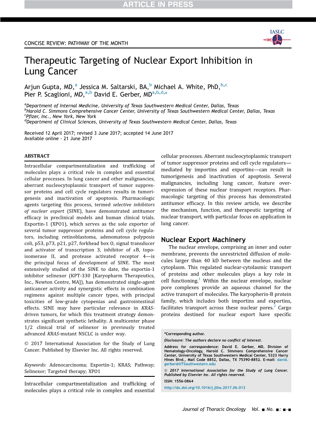 Therapeutic Targeting of Nuclear Export Inhibition in Lung Cancer