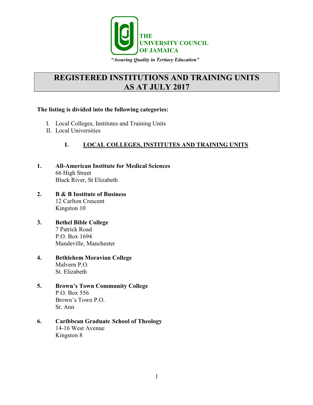 Registered Institutions and Training Units As at July 2017