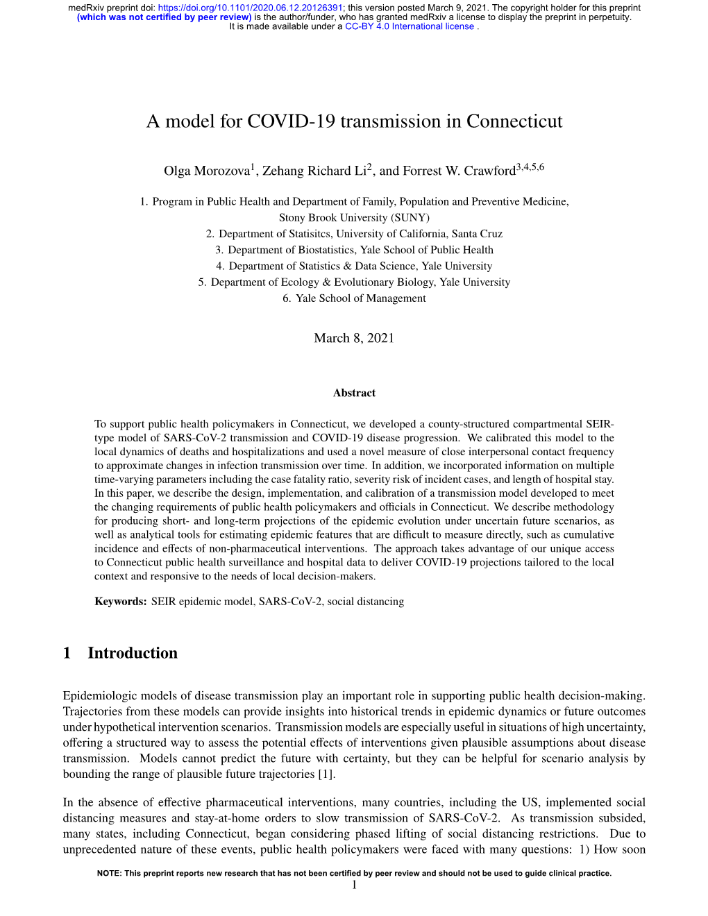 A Model for COVID-19 Transmission in Connecticut