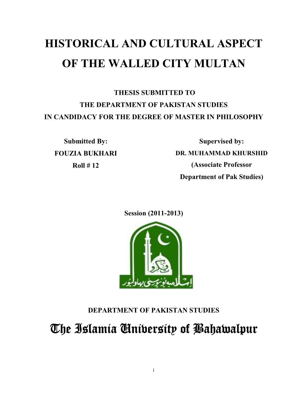 Historical and Cultural Aspect of the Walled City Multan