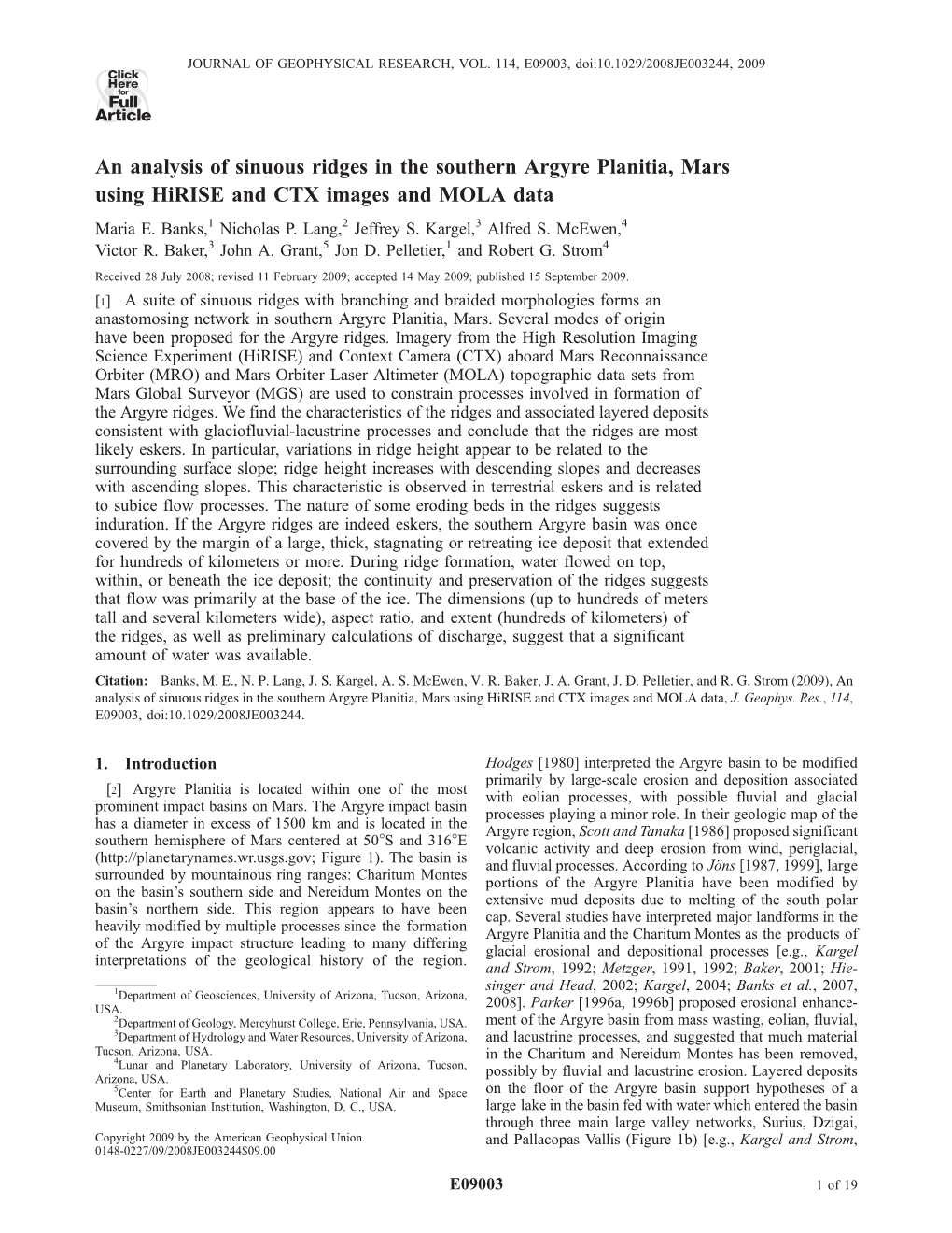 An Analysis of Sinuous Ridges in the Southern Argyre Planitia, Mars Using Hirise and CTX Images and MOLA Data Maria E