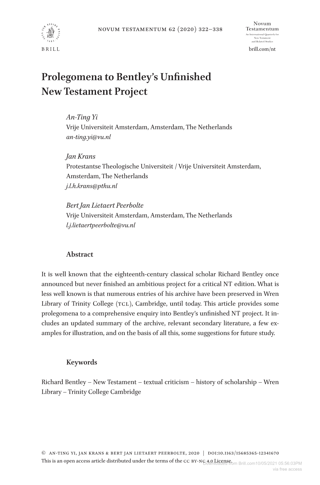 Prolegomena to Bentley's Unfinished New Testament Project