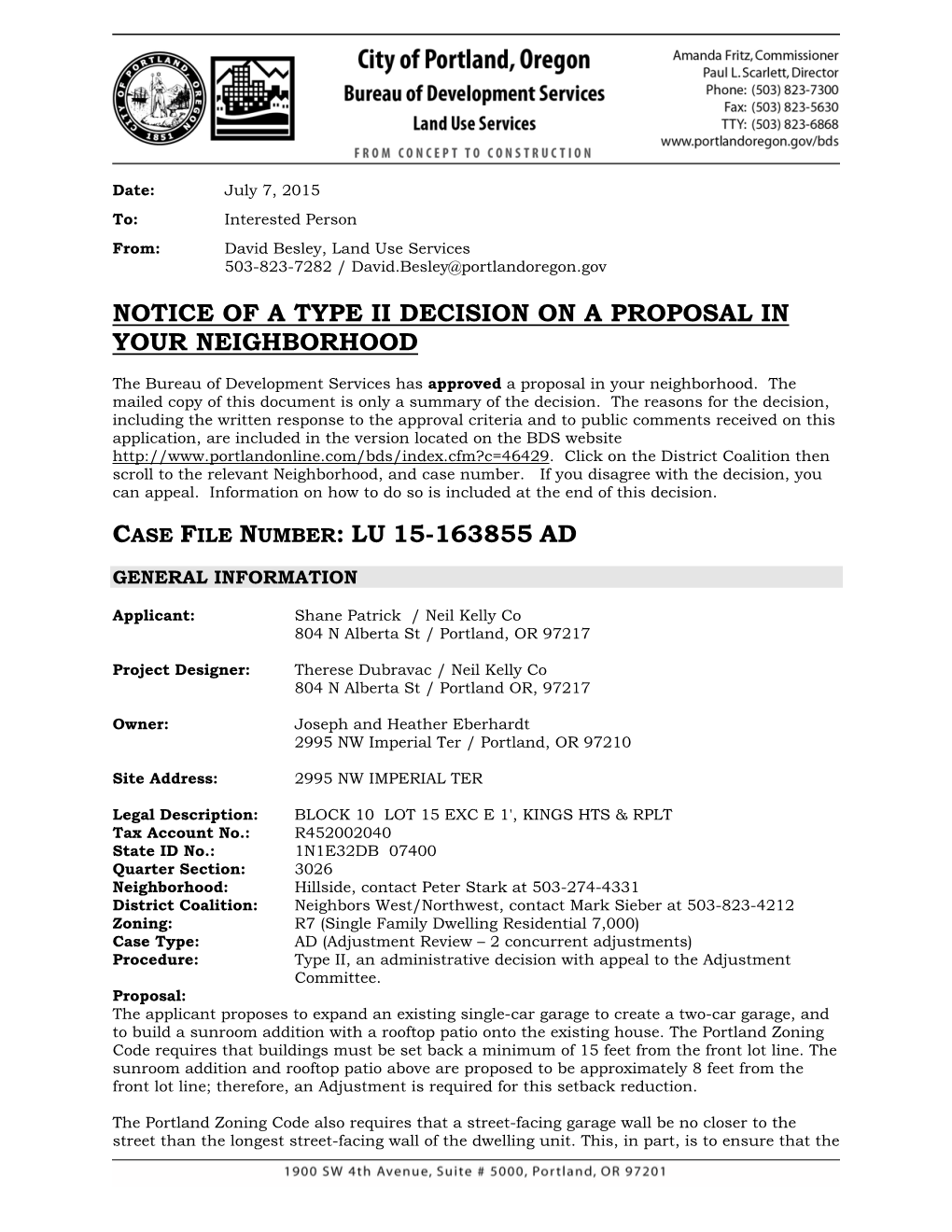 Notice of a Type Ii Decision on a Proposal in Your Neighborhood