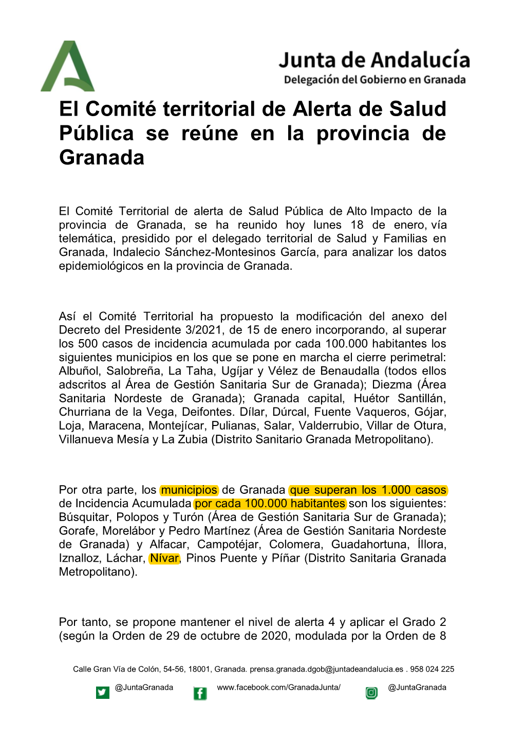 Descargar Medidas Comité Territorial De Alertas De Granada