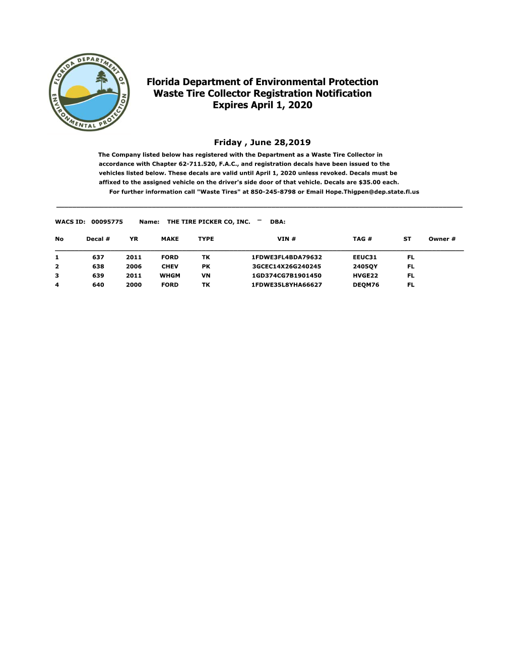 Florida Department of Environmental Protection Waste Tire Collector Registration Notification Expires April 1, 2020