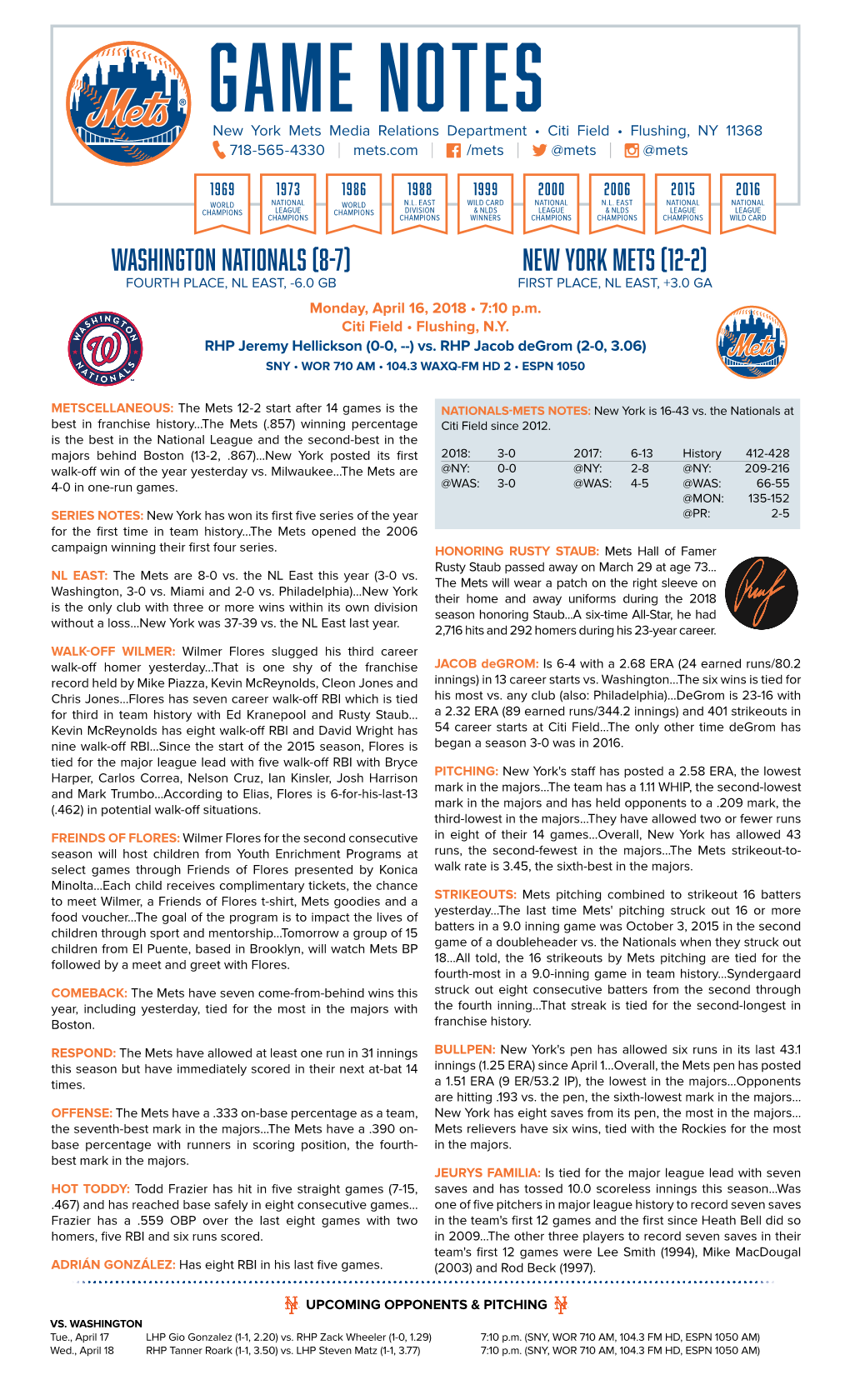 GAME NOTES New York Mets Media Relations Department • Citi Field • Flushing, NY 11368 718-565-4330 | Mets.Com | /Mets | @Mets | @Mets