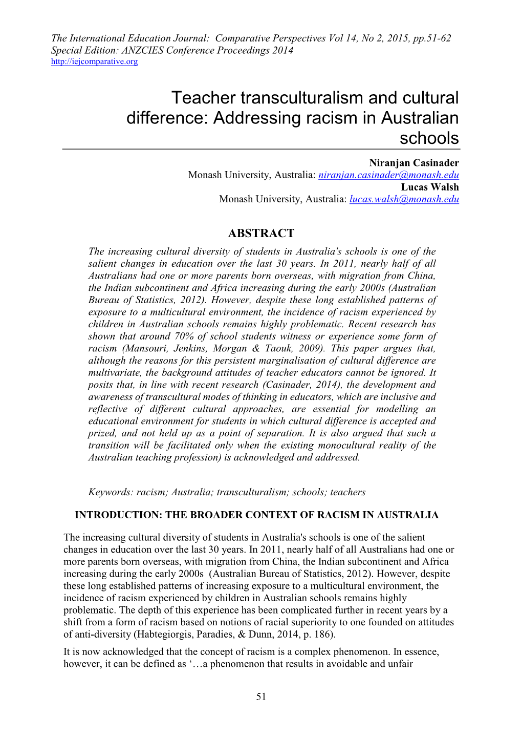 Teacher Transculturalism and Cultural Difference: Addressing Racism In