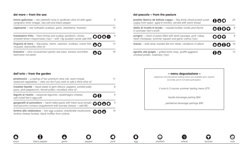 Dal Mare ~ from the Sea Dal Pascolo ~ from the Pasture Dall'orto ~ from the Garden ~ Menu Degustazione ~