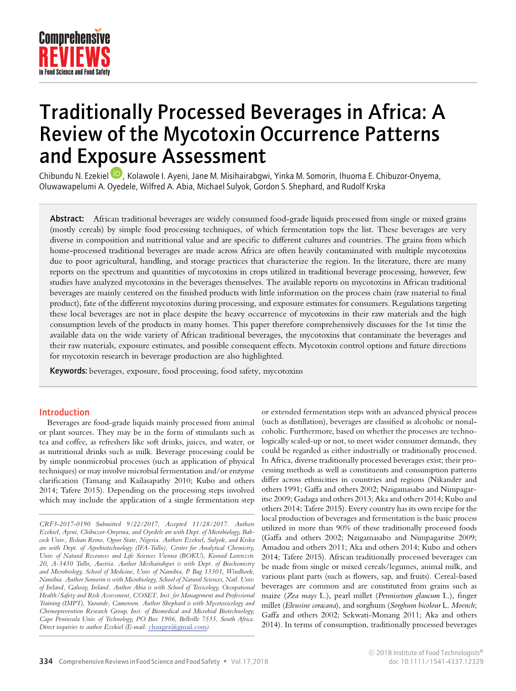 Traditionally Processed Beverages in Africa: a Review of the Mycotoxin Occurrence Patterns and Exposure Assessment Chibundu N