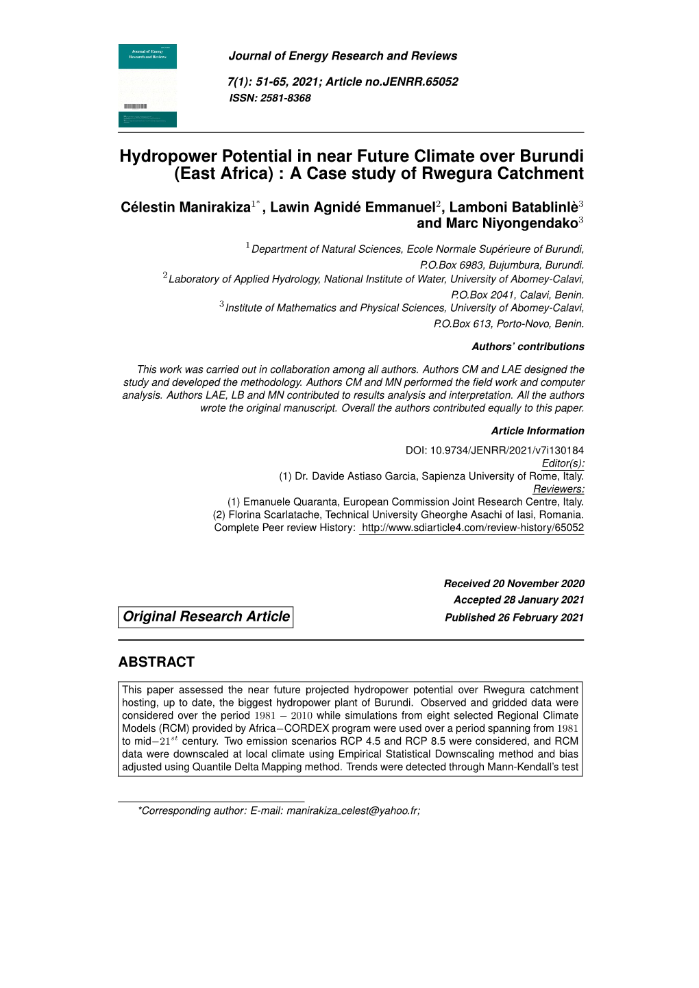 Hydropower Potential in Near Future Climate Over Burundi (East Africa) : a Case Study of Rwegura Catchment