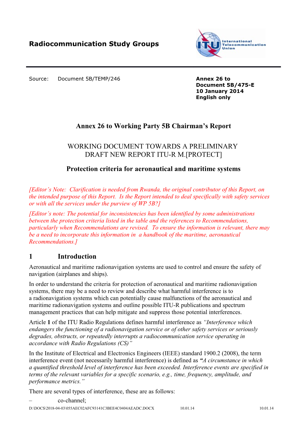 ITU-R WP5B: Working Document Towards a Preliminary Draft New Report ITU-R M. PROTECT