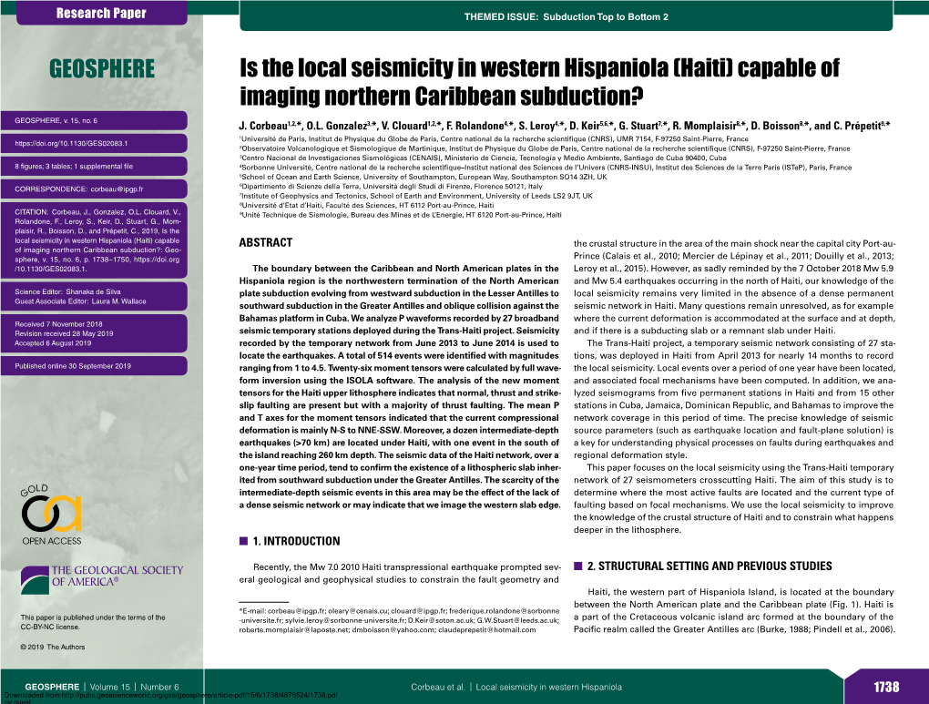 Is the Local Seismicity in Western Hispaniola (Haiti) Capable of Imaging Northern Caribbean Subduction? GEOSPHERE, V