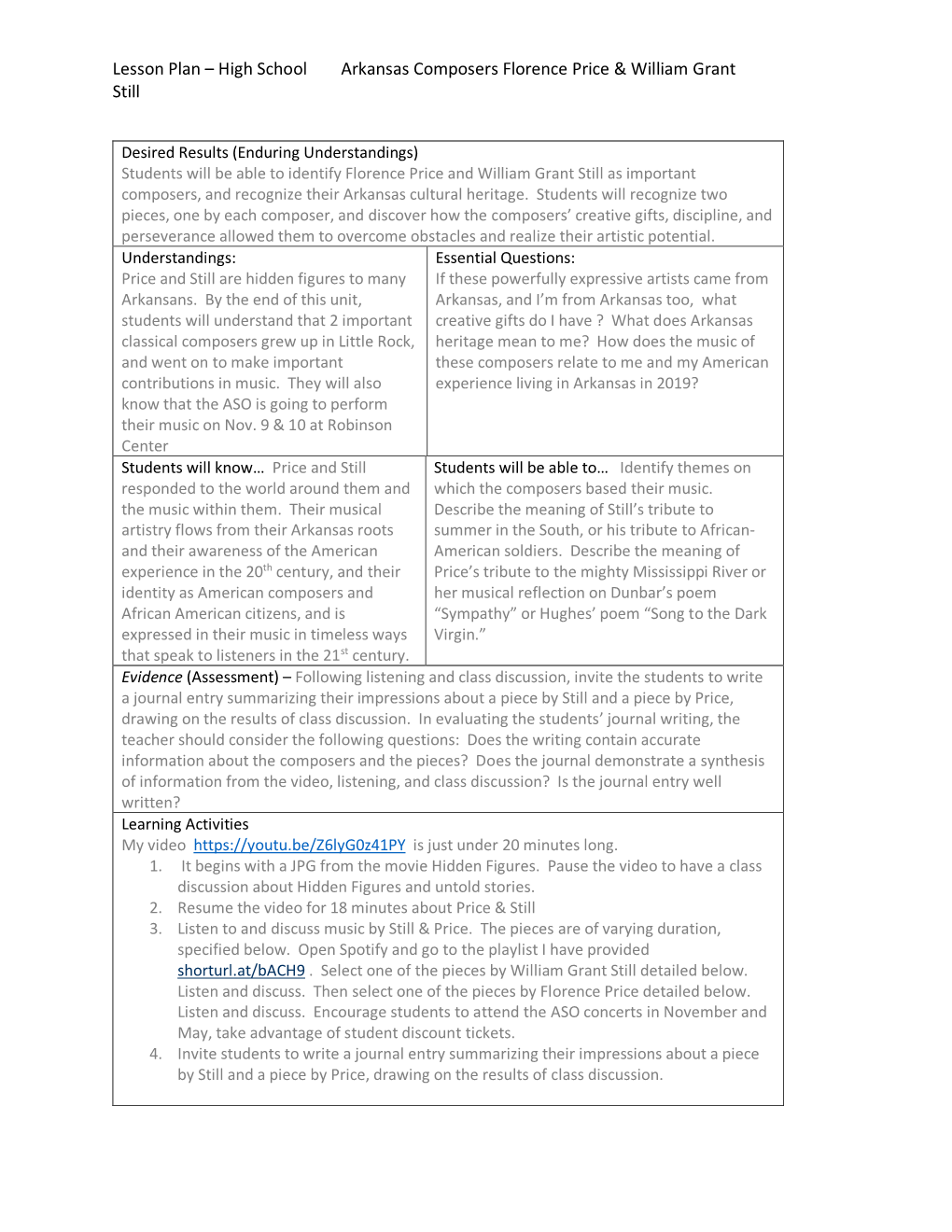 Lesson Plan – High School Arkansas Composers Florence Price & William Grant Still