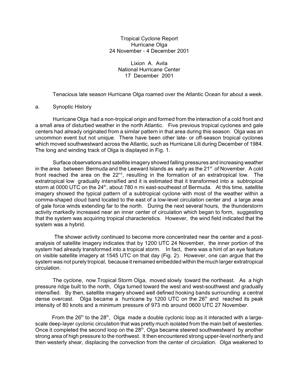 Tropical Cyclone Report Hurricane Olga 24 November - 4 December 2001